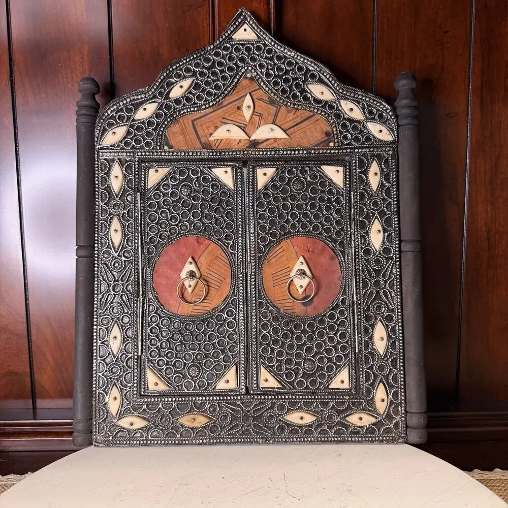Vintage Moroccan Wall Mirror With Camel Bone Inlay, Leather, And Metalwork